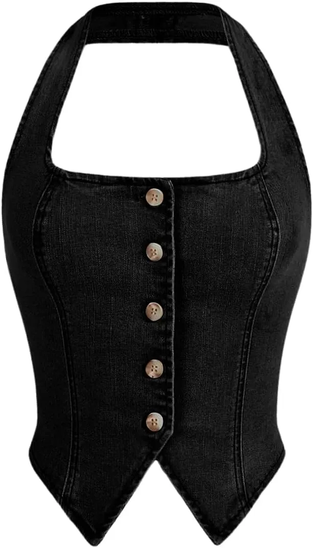 SHENHE Women's Denim Tops Y2K Halter Button Up Strapless Jean Vest Western Going Out Crop Top