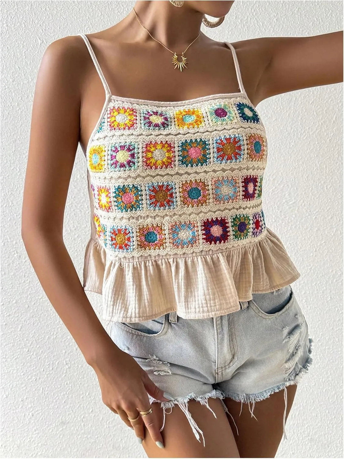 SHENHE Women's Floral Crochet Ruffled Sleeveless Cami Tank Top Boho Summer Peplum Top
