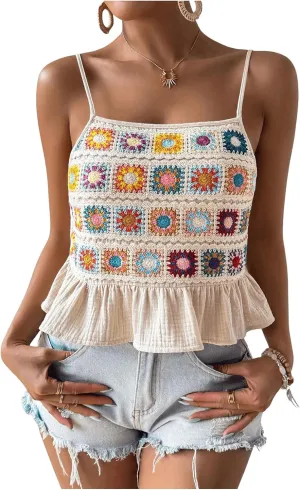 SHENHE Women's Floral Crochet Ruffled Sleeveless Cami Tank Top Boho Summer Peplum Top