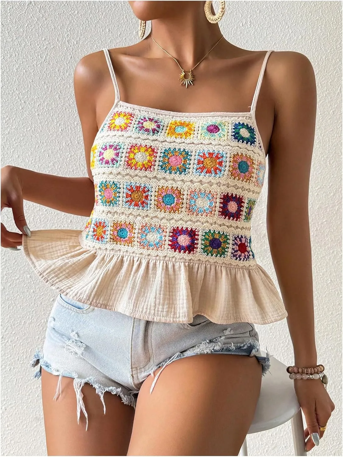 SHENHE Women's Floral Crochet Ruffled Sleeveless Cami Tank Top Boho Summer Peplum Top