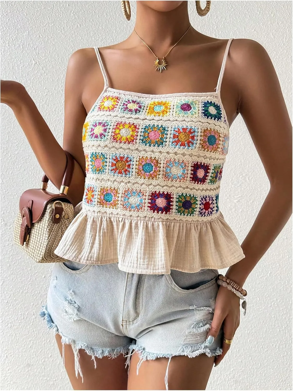 SHENHE Women's Floral Crochet Ruffled Sleeveless Cami Tank Top Boho Summer Peplum Top