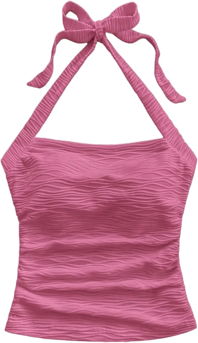 SHENHE Women's Textured Tie Back Halter Crop Top Sleeveless Backless Boho Cute Tank Top