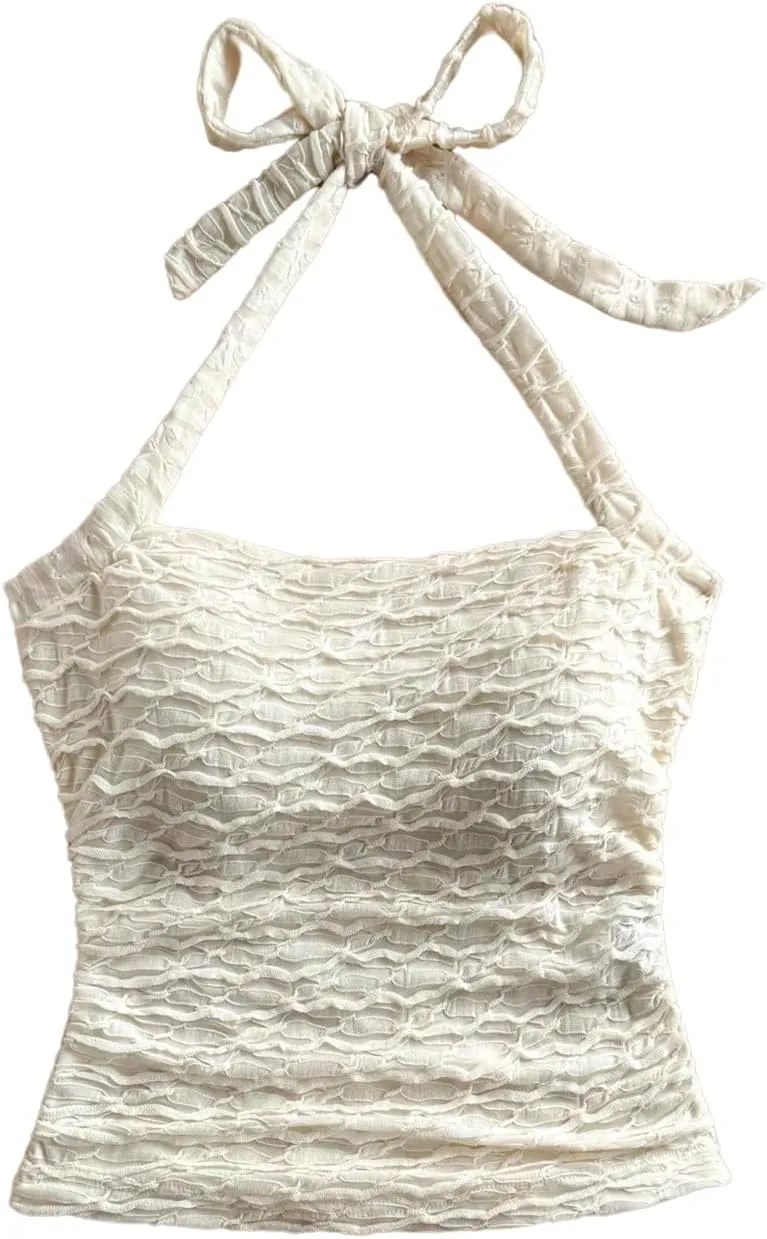 SHENHE Women's Textured Tie Back Halter Crop Top Sleeveless Backless Boho Cute Tank Top
