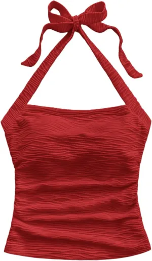 SHENHE Women's Textured Tie Back Halter Crop Top Sleeveless Backless Boho Cute Tank Top