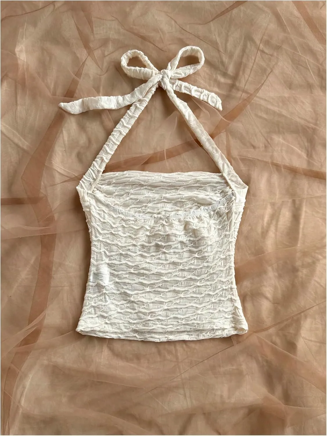 SHENHE Women's Textured Tie Back Halter Crop Top Sleeveless Backless Boho Cute Tank Top