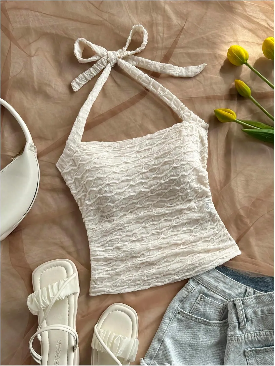 SHENHE Women's Textured Tie Back Halter Crop Top Sleeveless Backless Boho Cute Tank Top