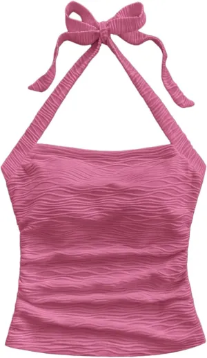 SHENHE Women's Textured Tie Back Halter Crop Top Sleeveless Backless Boho Cute Tank Top
