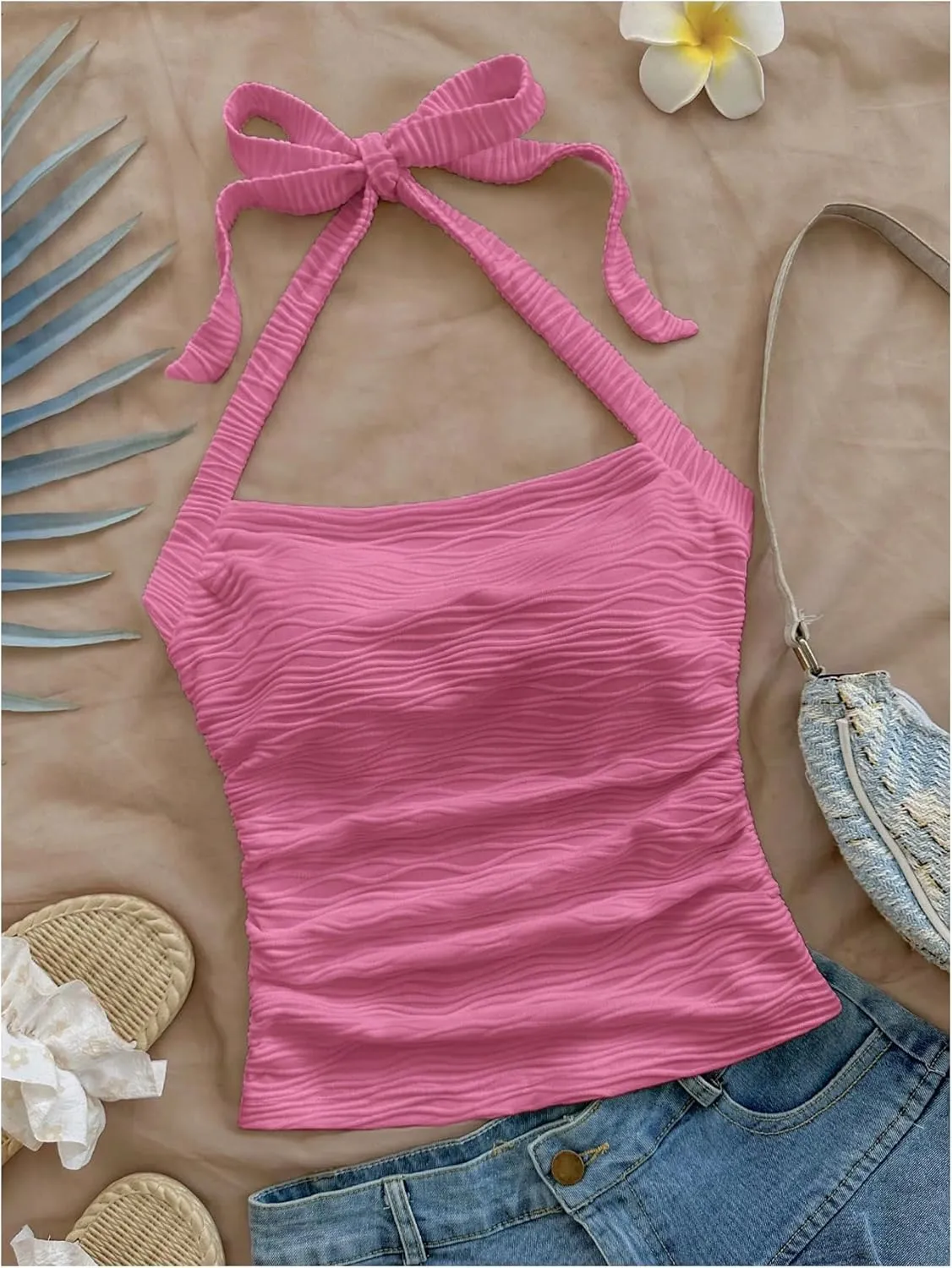 SHENHE Women's Textured Tie Back Halter Crop Top Sleeveless Backless Boho Cute Tank Top