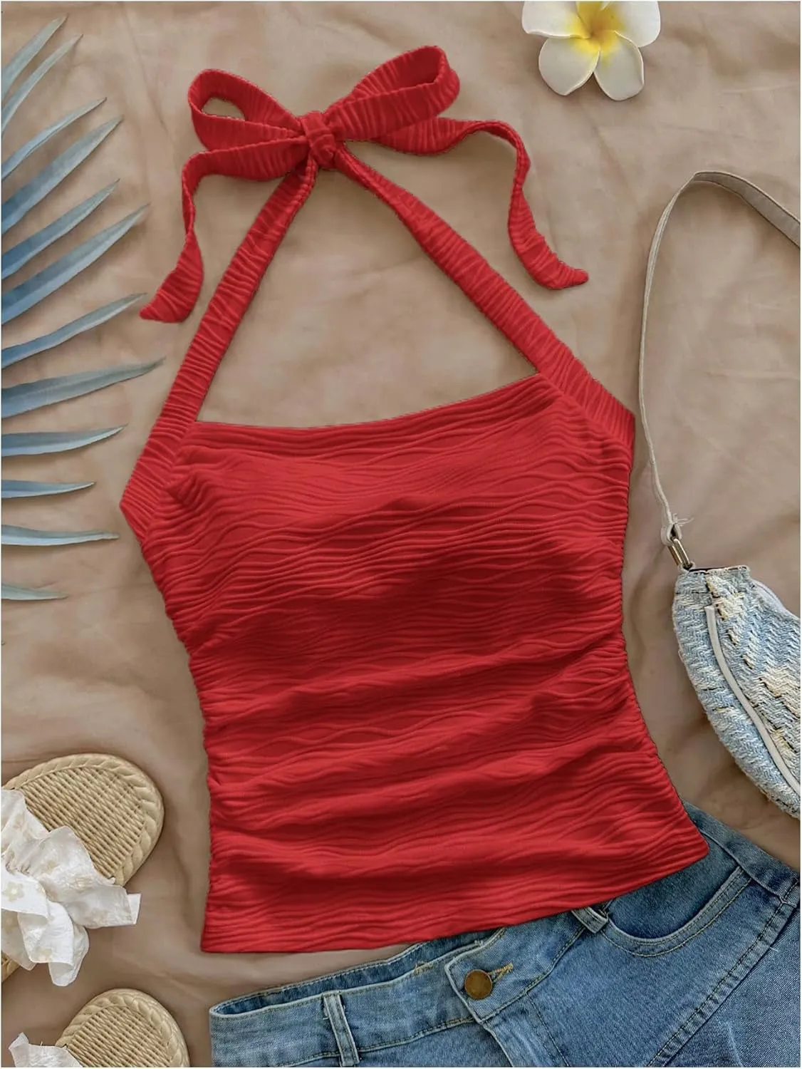 SHENHE Women's Textured Tie Back Halter Crop Top Sleeveless Backless Boho Cute Tank Top