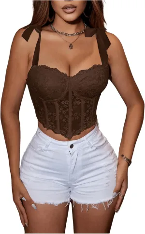 SHENHE Women's Tie Back Floral Lace Bustier Corset Top Tie Shoulder Sexy Crop Top Camisole