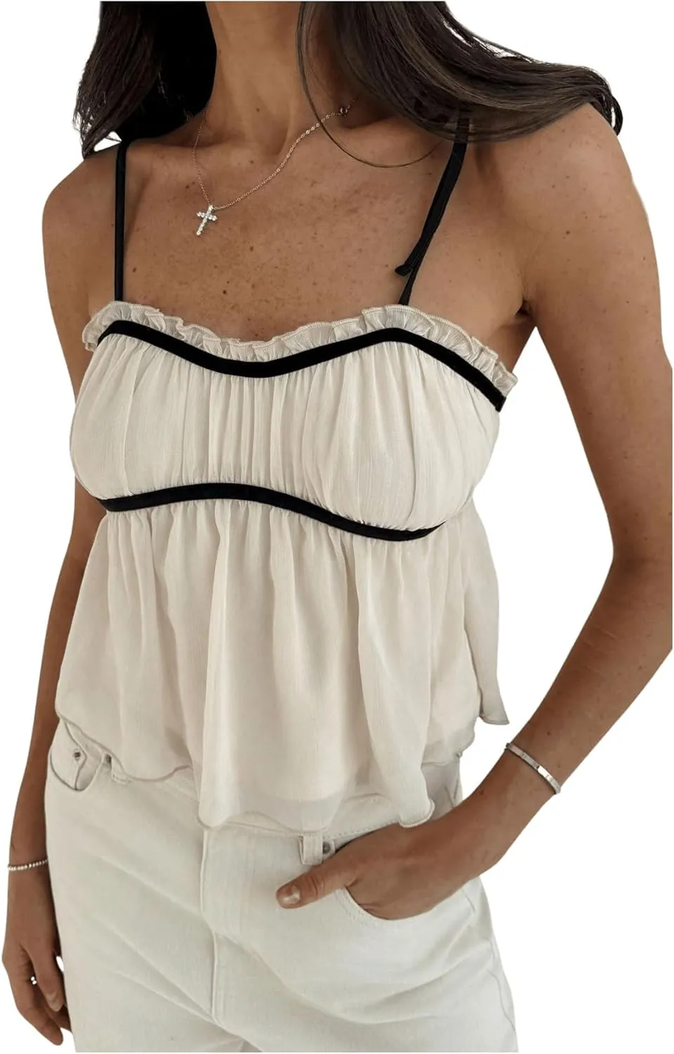 SHENHE Women's Tie Shoulder Spaghetti Strap Ruffle Cami Top Cute Crop Top Camisole Tank