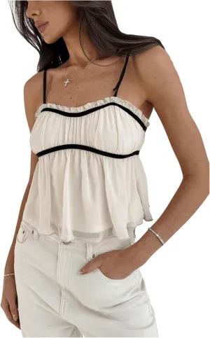 SHENHE Women's Tie Shoulder Spaghetti Strap Ruffle Cami Top Cute Crop Top Camisole Tank