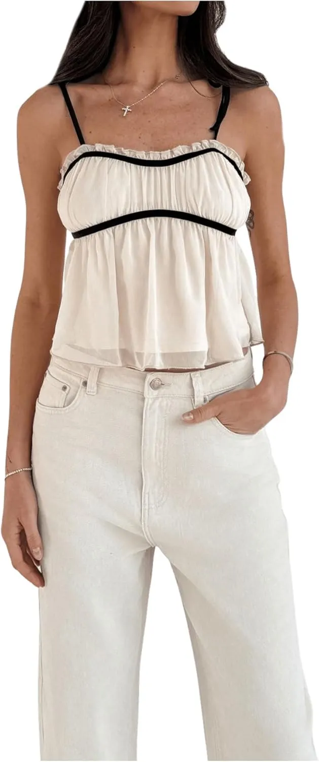 SHENHE Women's Tie Shoulder Spaghetti Strap Ruffle Cami Top Cute Crop Top Camisole Tank
