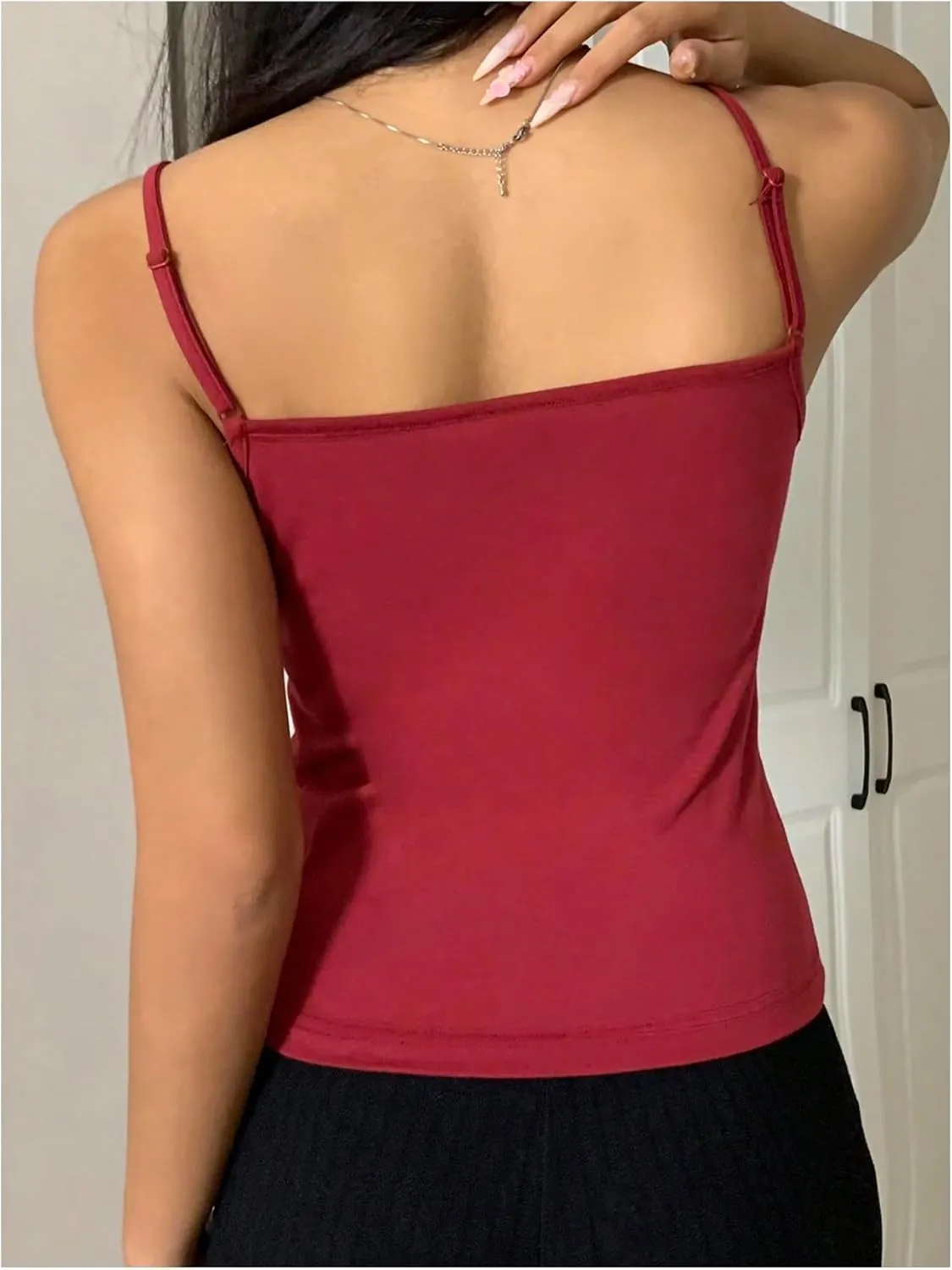 SHENHE Women's Y2k Spaghetti Strap Tank Top Button Lace Trim Crop Top Cute Summer Camisole