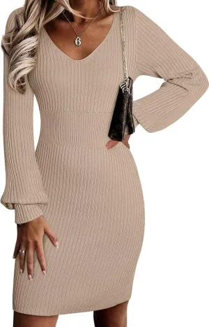 Sidefeel Womens 2024 Fall Winter Ribbed Knit Sweater Dress Casual Long Sleeve Sexy V Neck Bodycon Mini Dress