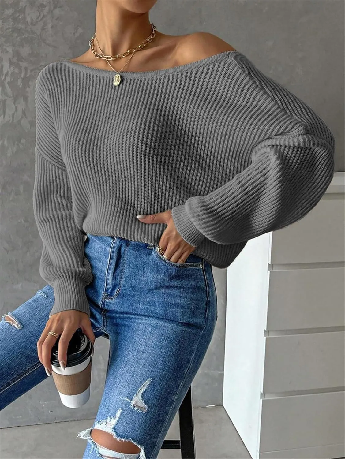 SKAYS Open Back Sweater for Women, Women Criss Cross Boat Neck Long Sleeve Crop Sweater, Frenchy Twist Back Sweater