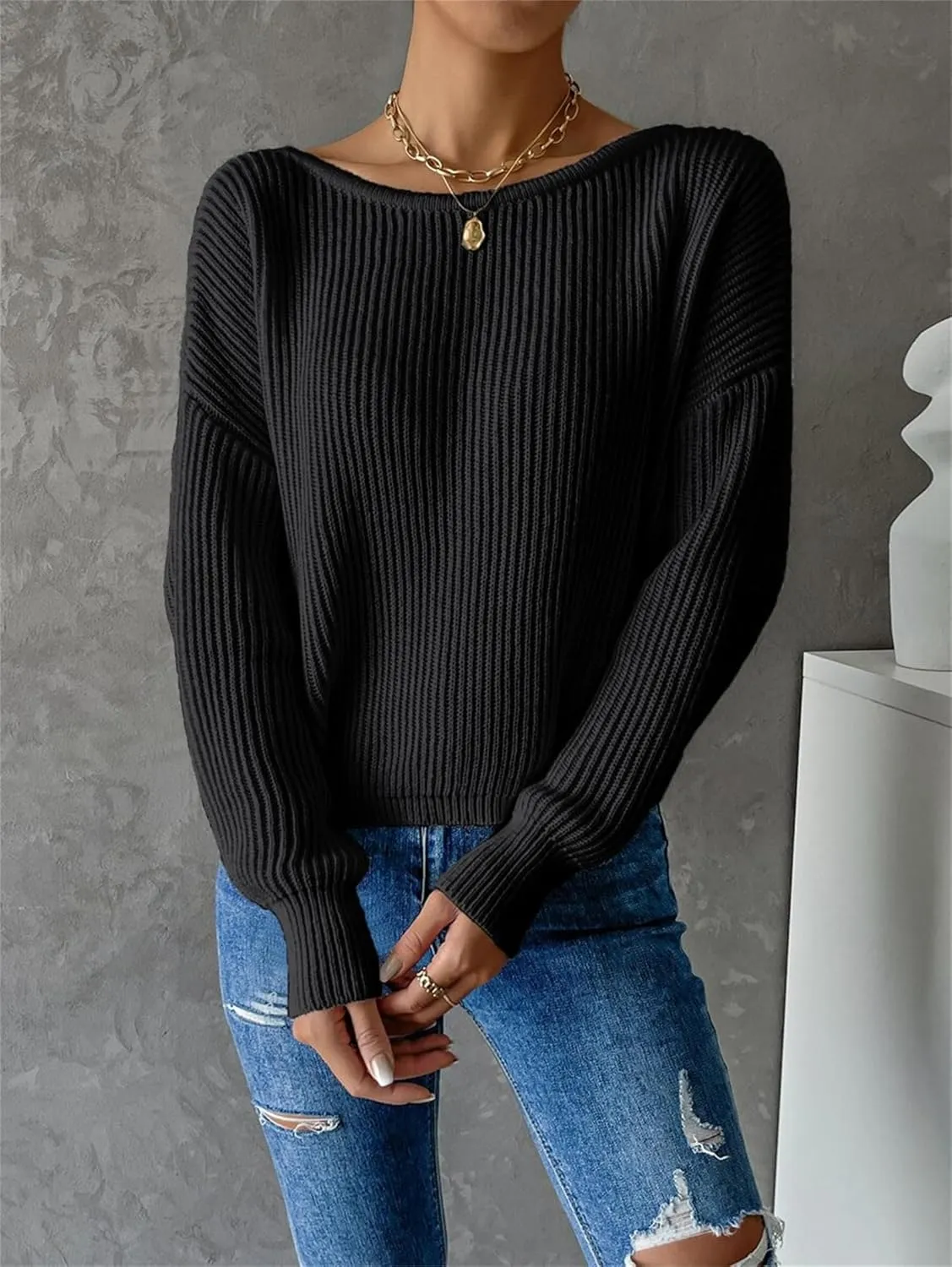 SKAYS Open Back Sweater for Women, Women Criss Cross Boat Neck Long Sleeve Crop Sweater, Frenchy Twist Back Sweater