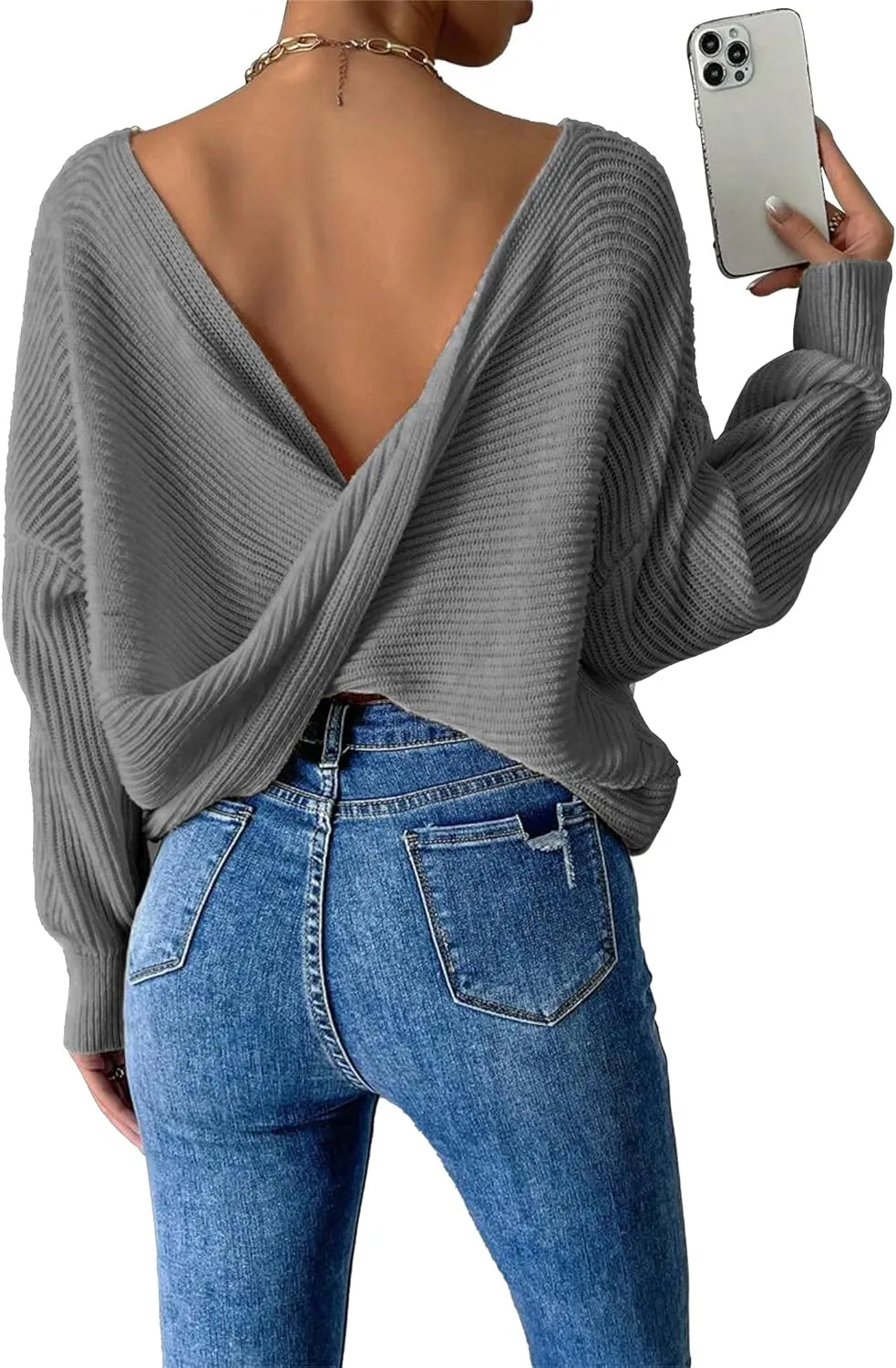 SKAYS Open Back Sweater for Women, Women Criss Cross Boat Neck Long Sleeve Crop Sweater, Frenchy Twist Back Sweater
