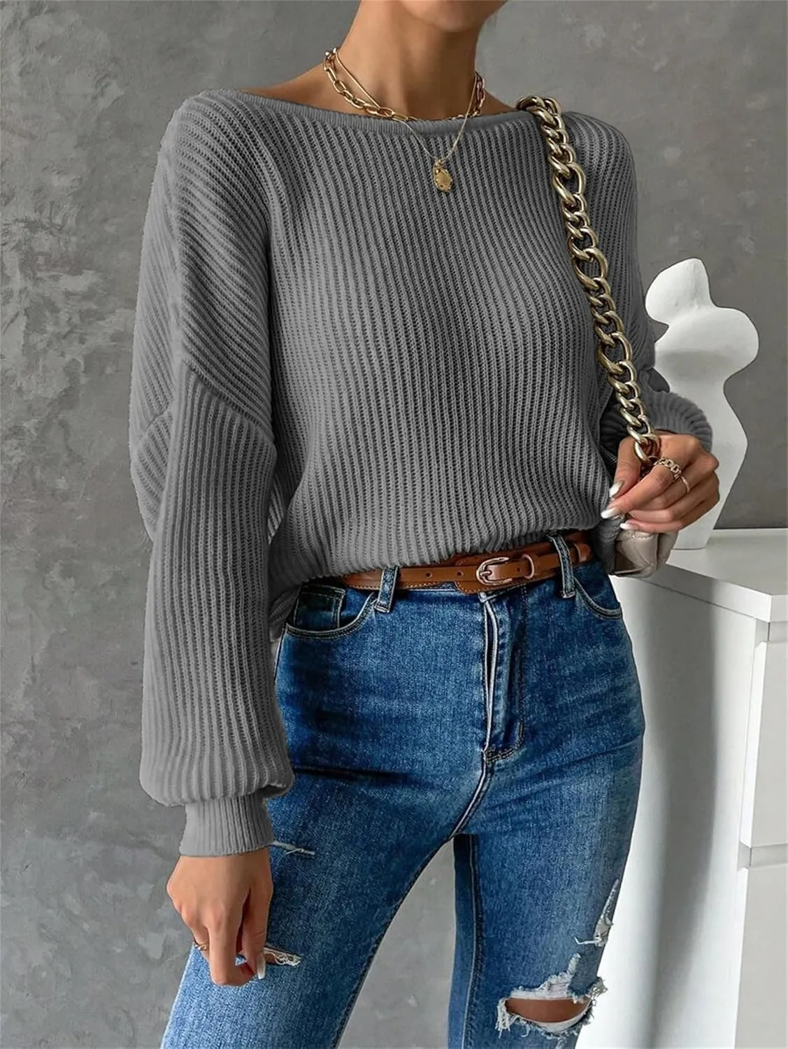 SKAYS Open Back Sweater for Women, Women Criss Cross Boat Neck Long Sleeve Crop Sweater, Frenchy Twist Back Sweater