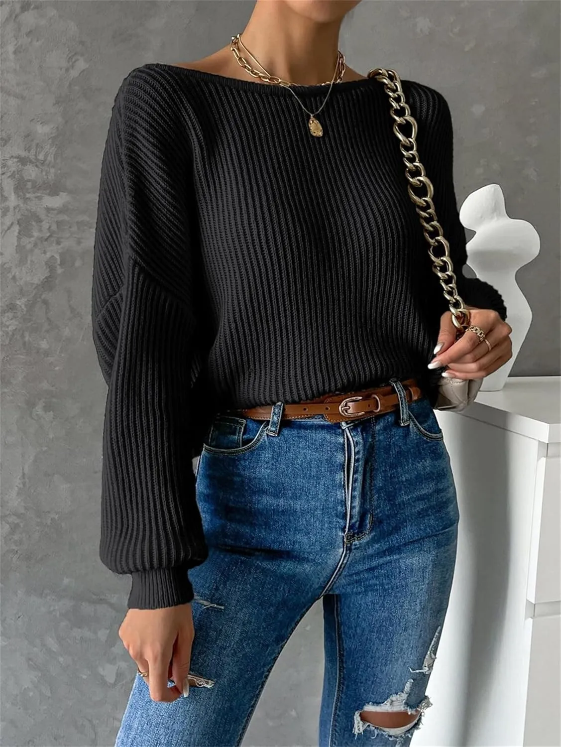 SKAYS Open Back Sweater for Women, Women Criss Cross Boat Neck Long Sleeve Crop Sweater, Frenchy Twist Back Sweater