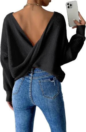 SKAYS Open Back Sweater for Women, Women Criss Cross Boat Neck Long Sleeve Crop Sweater, Frenchy Twist Back Sweater