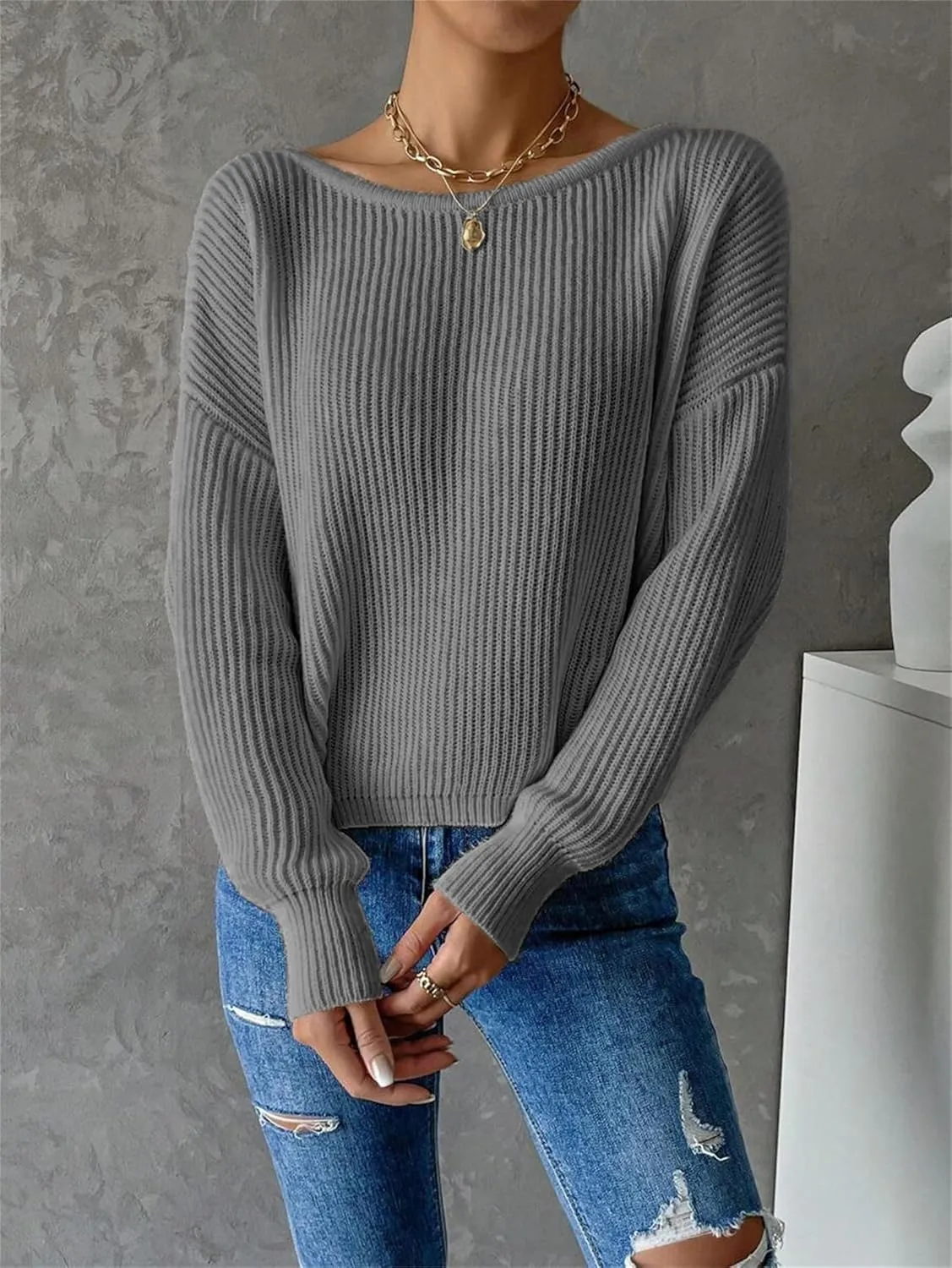 SKAYS Open Back Sweater for Women, Women Criss Cross Boat Neck Long Sleeve Crop Sweater, Frenchy Twist Back Sweater