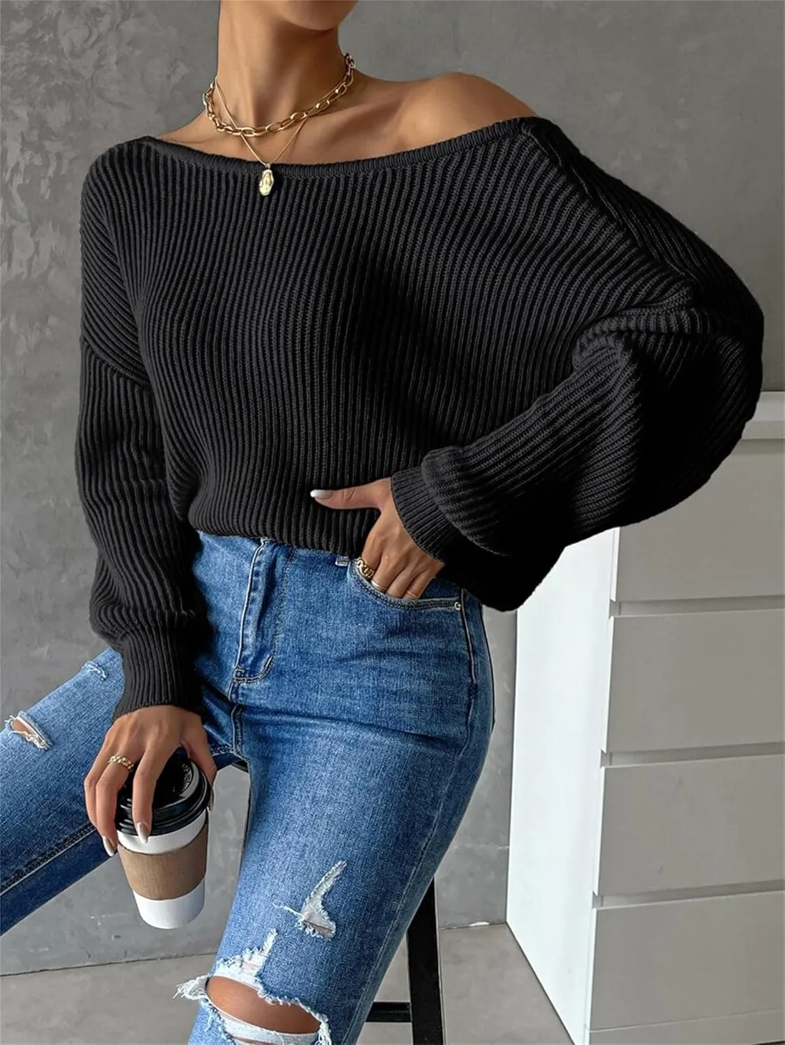 SKAYS Open Back Sweater for Women, Women Criss Cross Boat Neck Long Sleeve Crop Sweater, Frenchy Twist Back Sweater