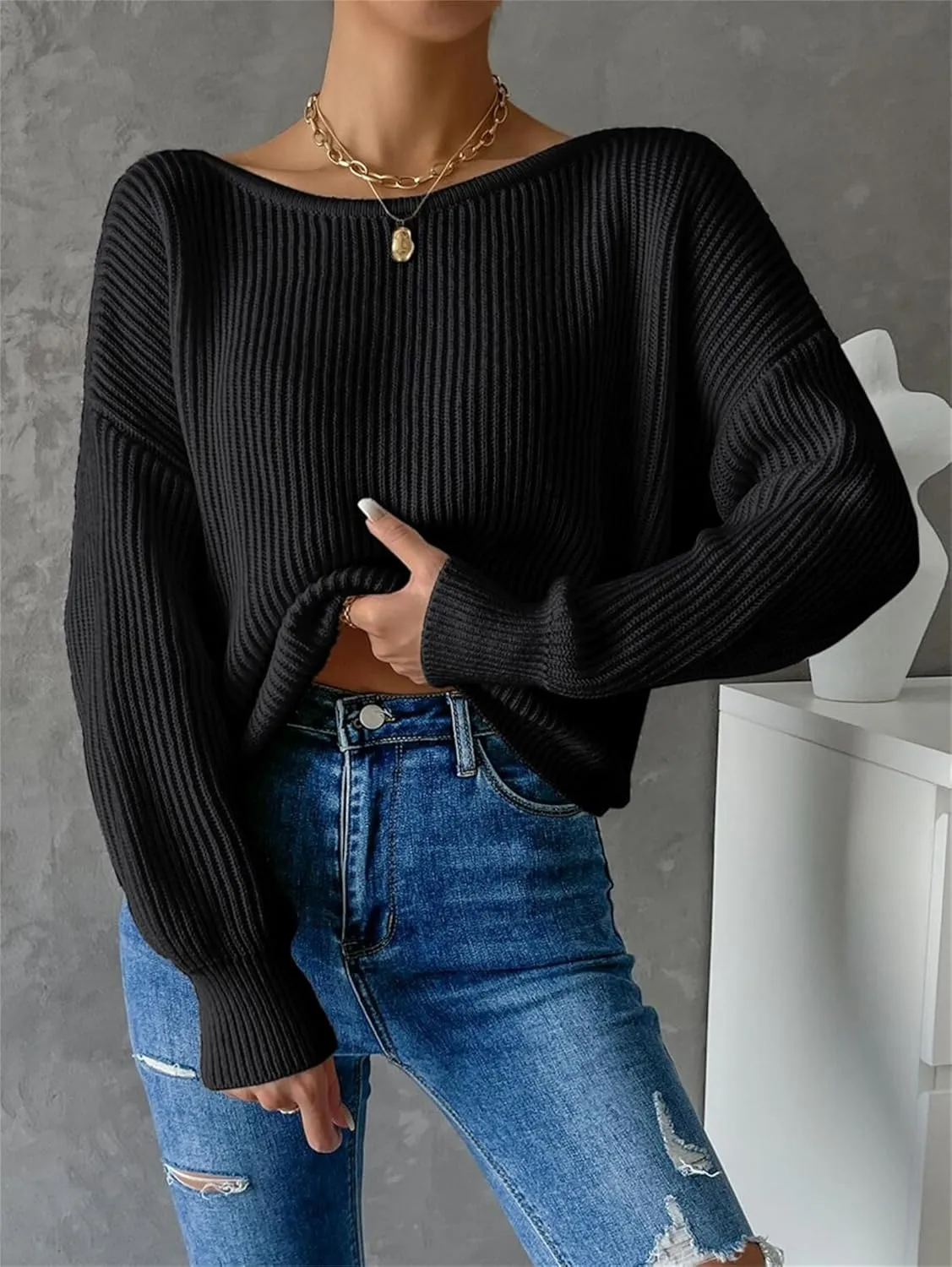 SKAYS Open Back Sweater for Women, Women Criss Cross Boat Neck Long Sleeve Crop Sweater, Frenchy Twist Back Sweater