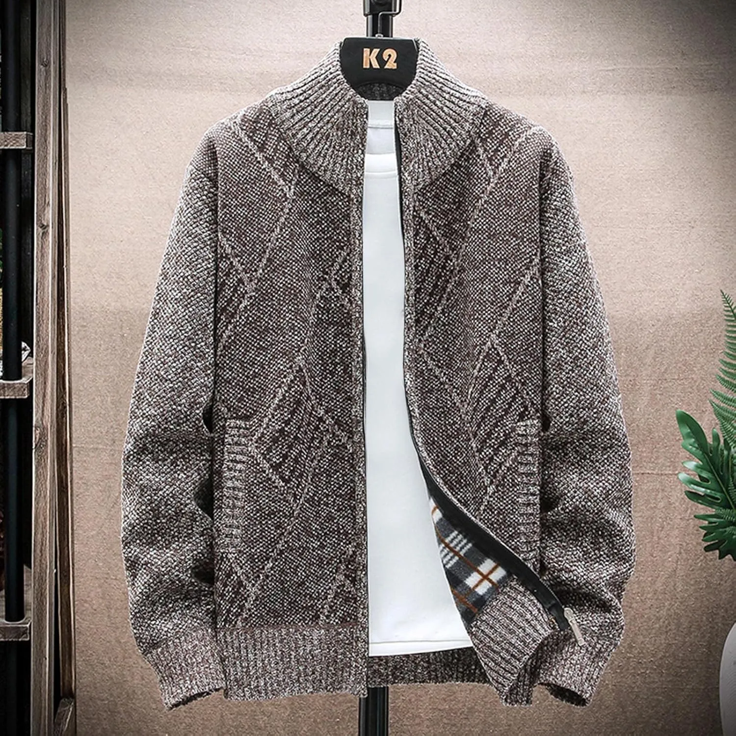 SMIDOW Men's Cardigan Sweaters Knitted Stand Collar Regular Fit Jacket Full Zip Fleece Lined Winter Warm Coat