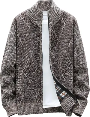 SMIDOW Men's Cardigan Sweaters Knitted Stand Collar Regular Fit Jacket Full Zip Fleece Lined Winter Warm Coat