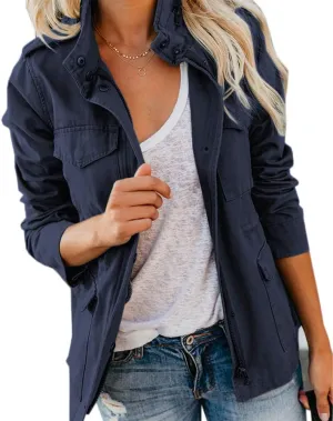 Soulomelody Women Military Anorak Jackets Zip Up Snap Buttons Parka Safari Utility Coats Outwear with Pocket