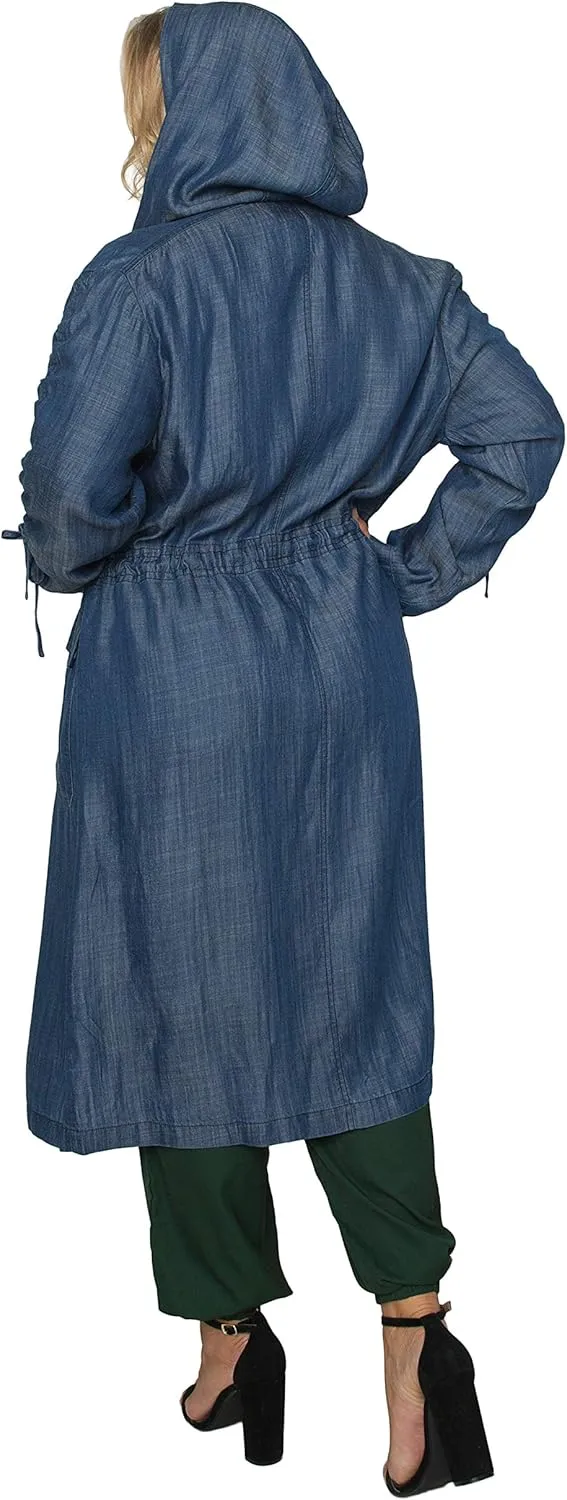Standards & Practices Women's Plus Size Denim Tencel Long Duster Hoodie Dress Coat Long Anorak Jacket