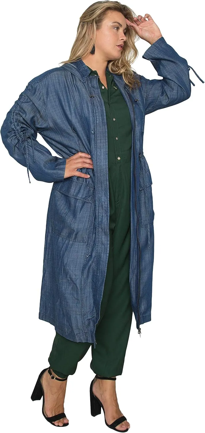 Standards & Practices Women's Plus Size Denim Tencel Long Duster Hoodie Dress Coat Long Anorak Jacket