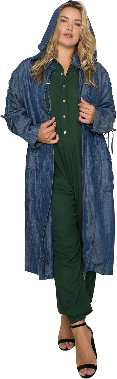 Standards & Practices Women's Plus Size Denim Tencel Long Duster Hoodie Dress Coat Long Anorak Jacket