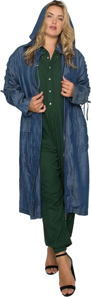 Standards & Practices Women's Plus Size Denim Tencel Long Duster Hoodie Dress Coat Long Anorak Jacket