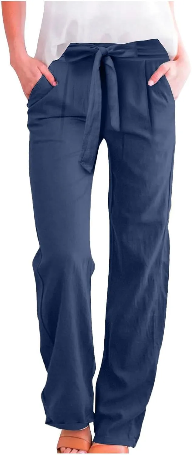 Straight Leg Linen Pants for Women Elastic Waist Drawstring Casual Pant Summer Lightweight Comfy Boho Beach Trousers