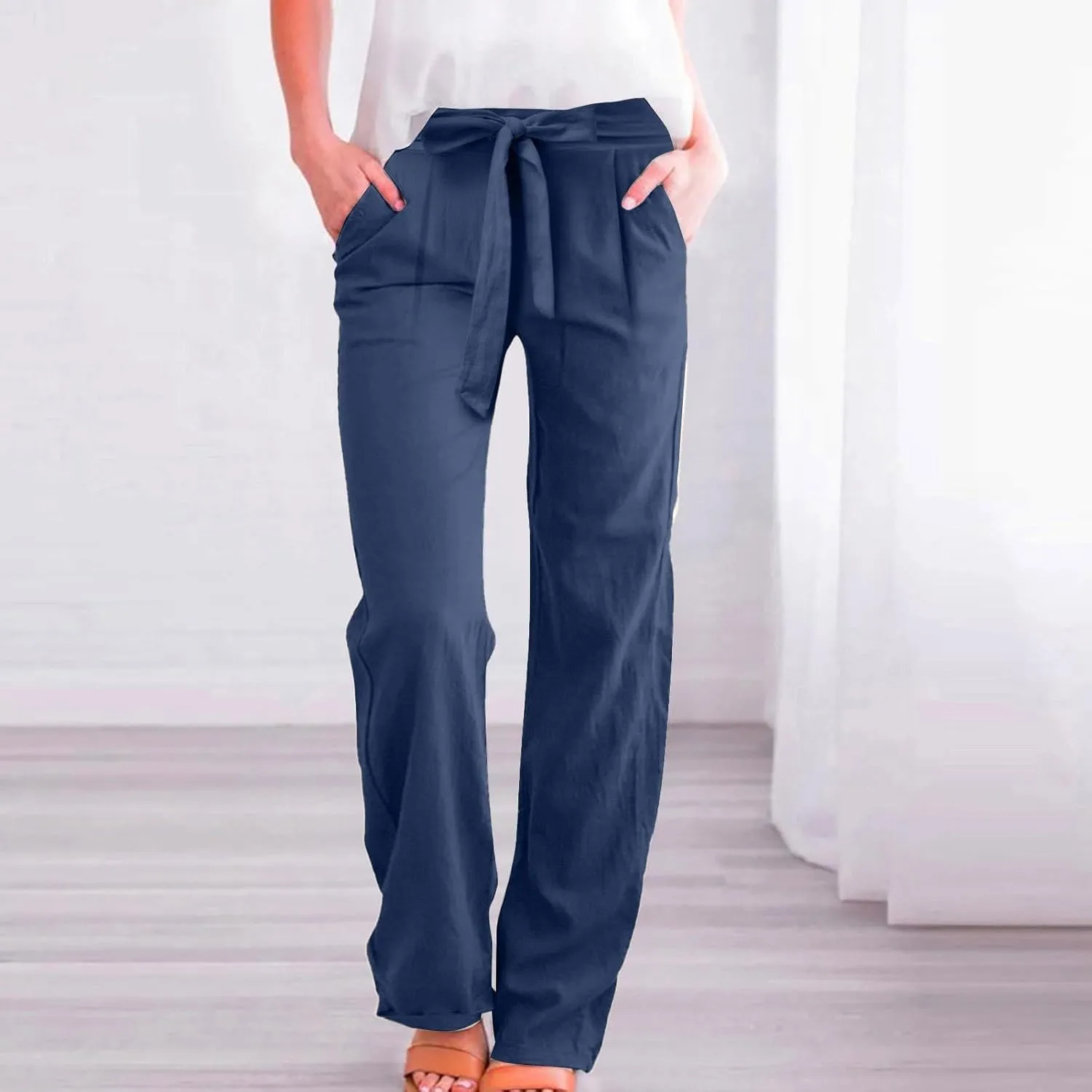 Straight Leg Linen Pants for Women Elastic Waist Drawstring Casual Pant Summer Lightweight Comfy Boho Beach Trousers