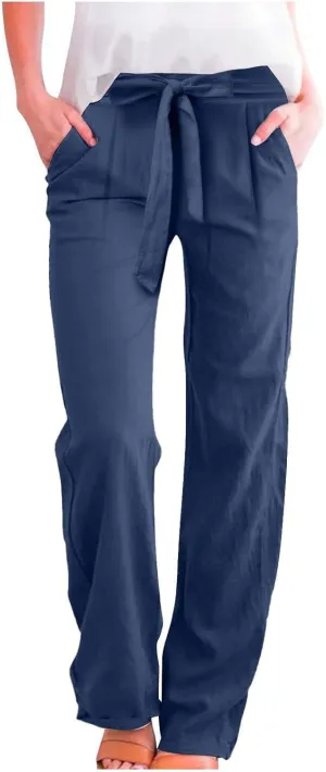 Straight Leg Linen Pants for Women Elastic Waist Drawstring Casual Pant Summer Lightweight Comfy Boho Beach Trousers