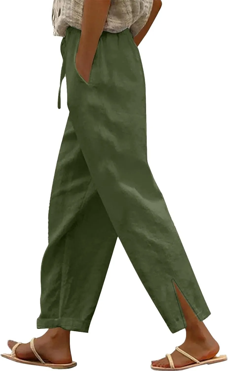 Summer Capri Pants for Women 2025 Linen Straight Leg Loose Casual Pants Casual Lounge Travel Trousers with Pockets