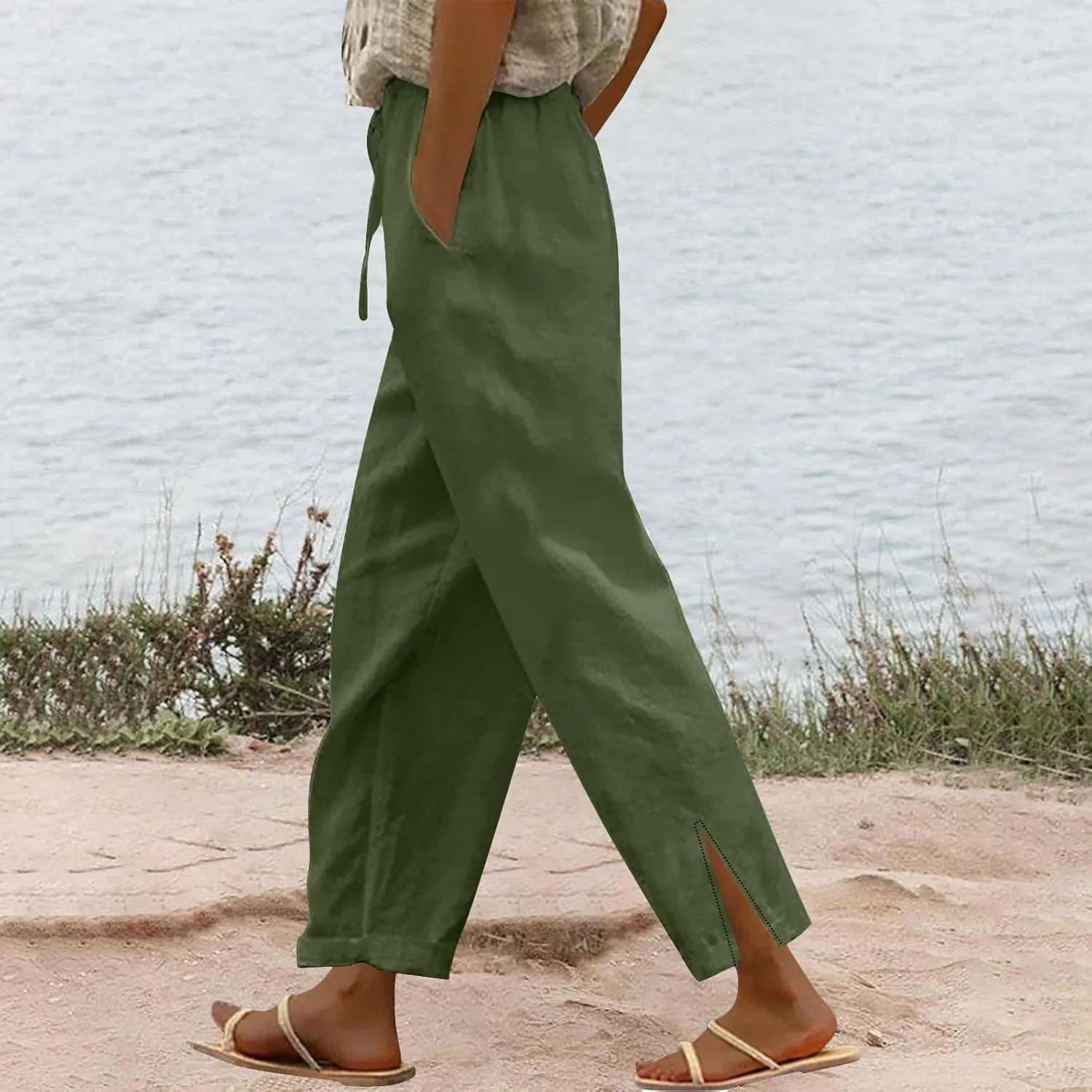 Summer Capri Pants for Women 2025 Linen Straight Leg Loose Casual Pants Casual Lounge Travel Trousers with Pockets