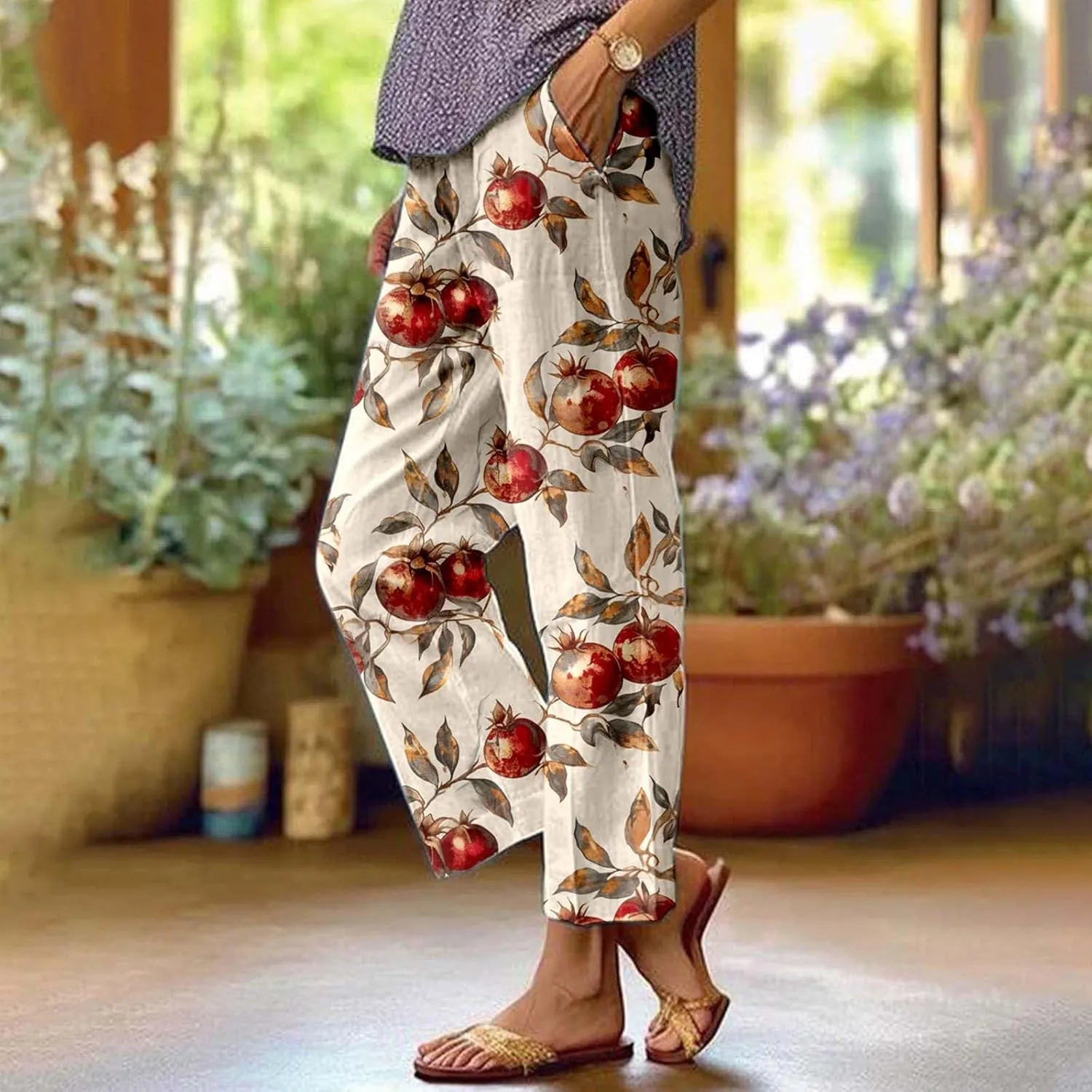 Summer Linen Pants for Women Wide Leg Boho Flowy Palazzo Pants Drawstring Loose Floral Casual Yoga Pant with Pockets