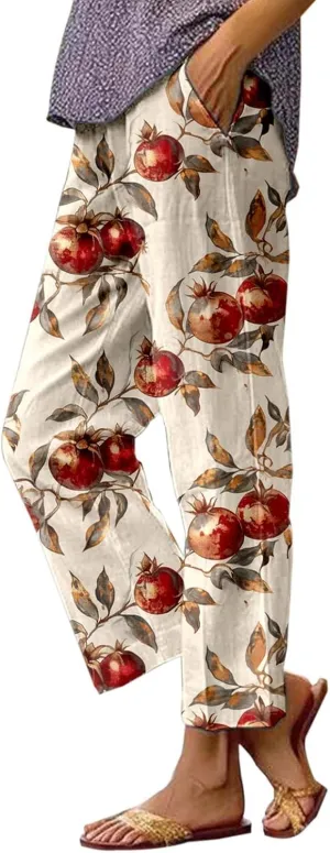 Summer Linen Pants for Women Wide Leg Boho Flowy Palazzo Pants Drawstring Loose Floral Casual Yoga Pant with Pockets