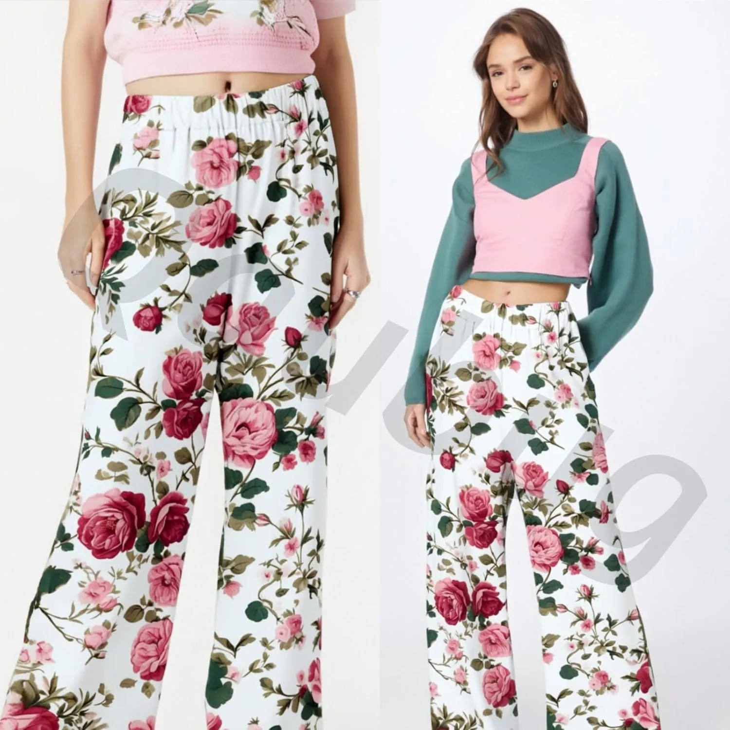 Summer Linen Pants for Women Wide Leg Boho Flowy Palazzo Pants Drawstring Loose Floral Casual Yoga Pant with Pockets