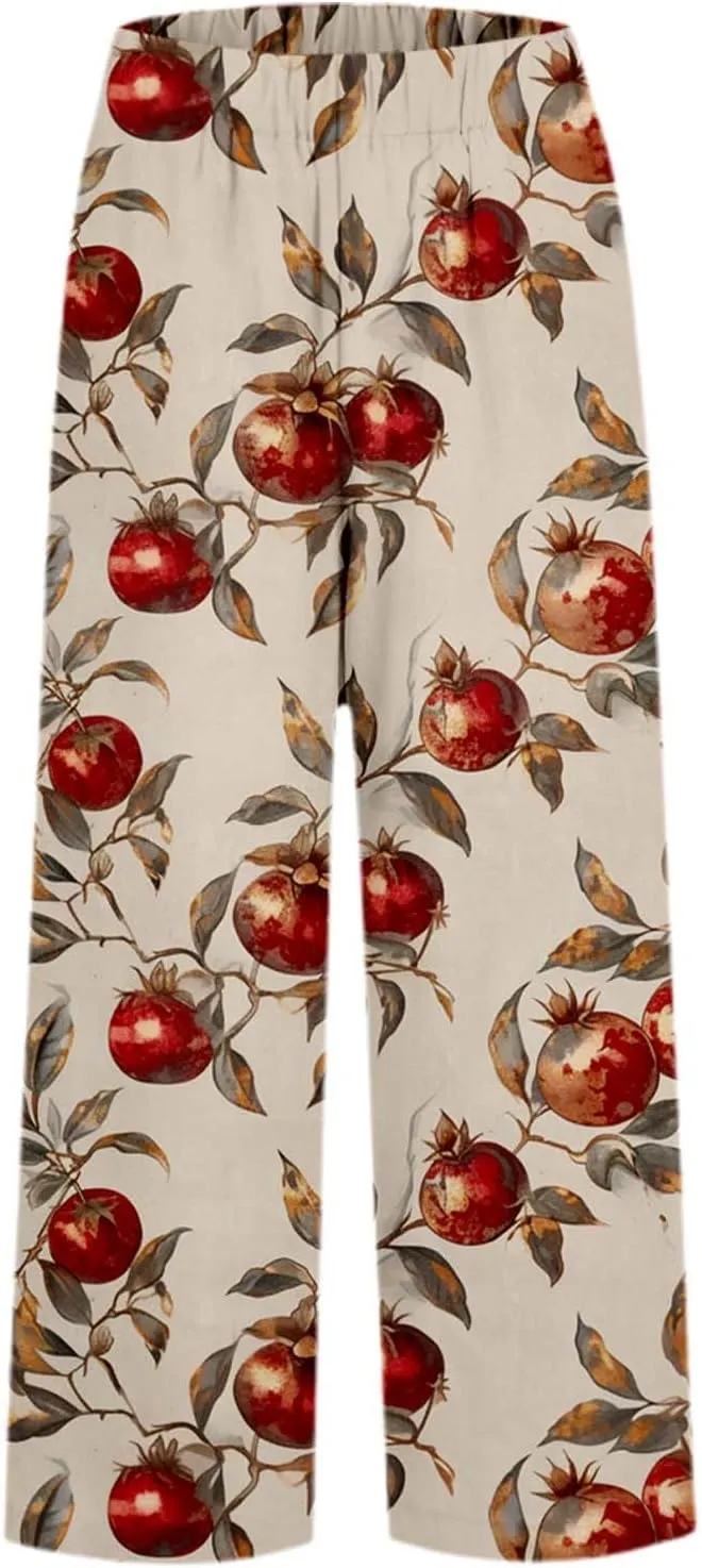 Summer Linen Pants for Women Wide Leg Boho Flowy Palazzo Pants Drawstring Loose Floral Casual Yoga Pant with Pockets