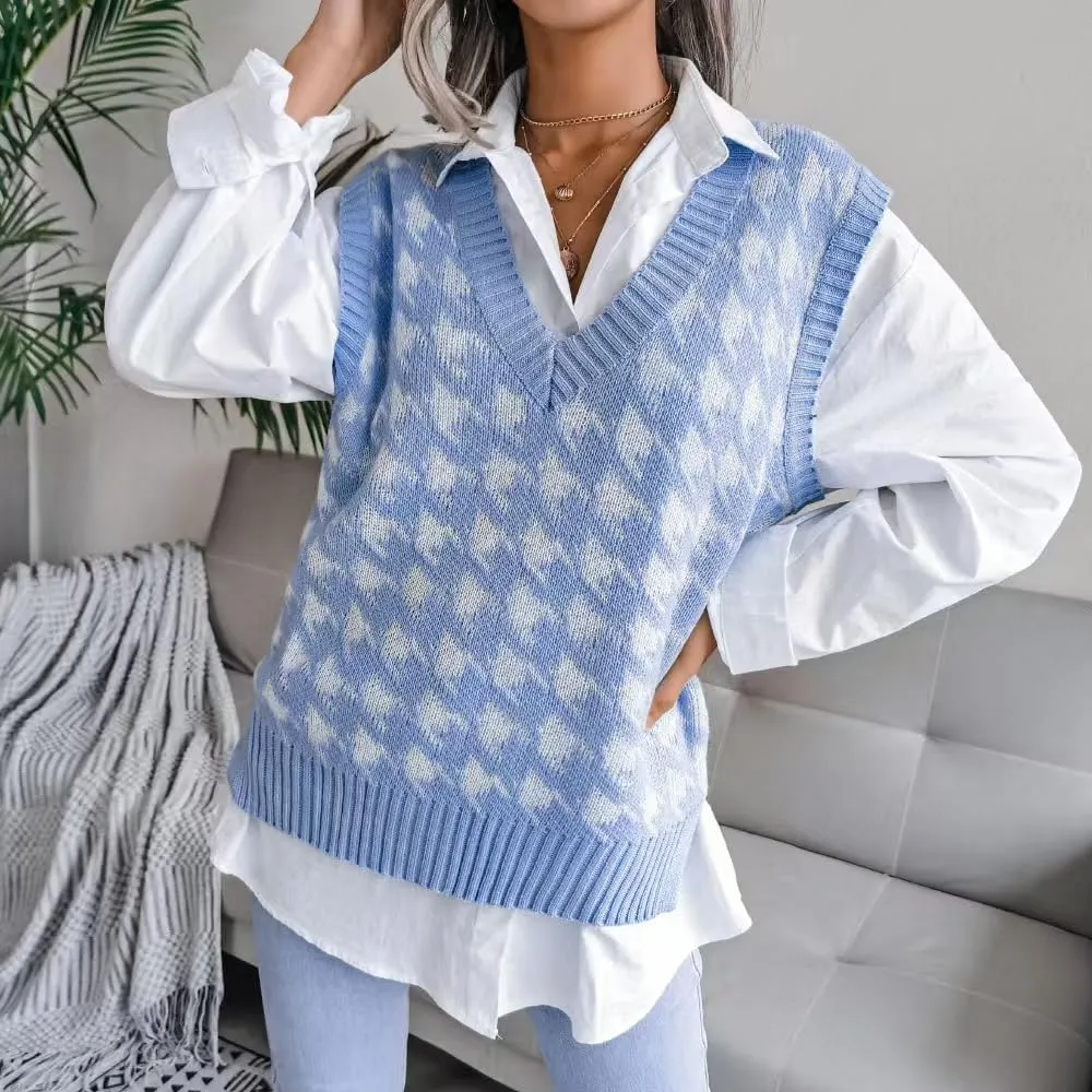 Sunfaynis Women's V Neck Houndstooth Sweater Vest Sleeveless Loose Pullover Sweater