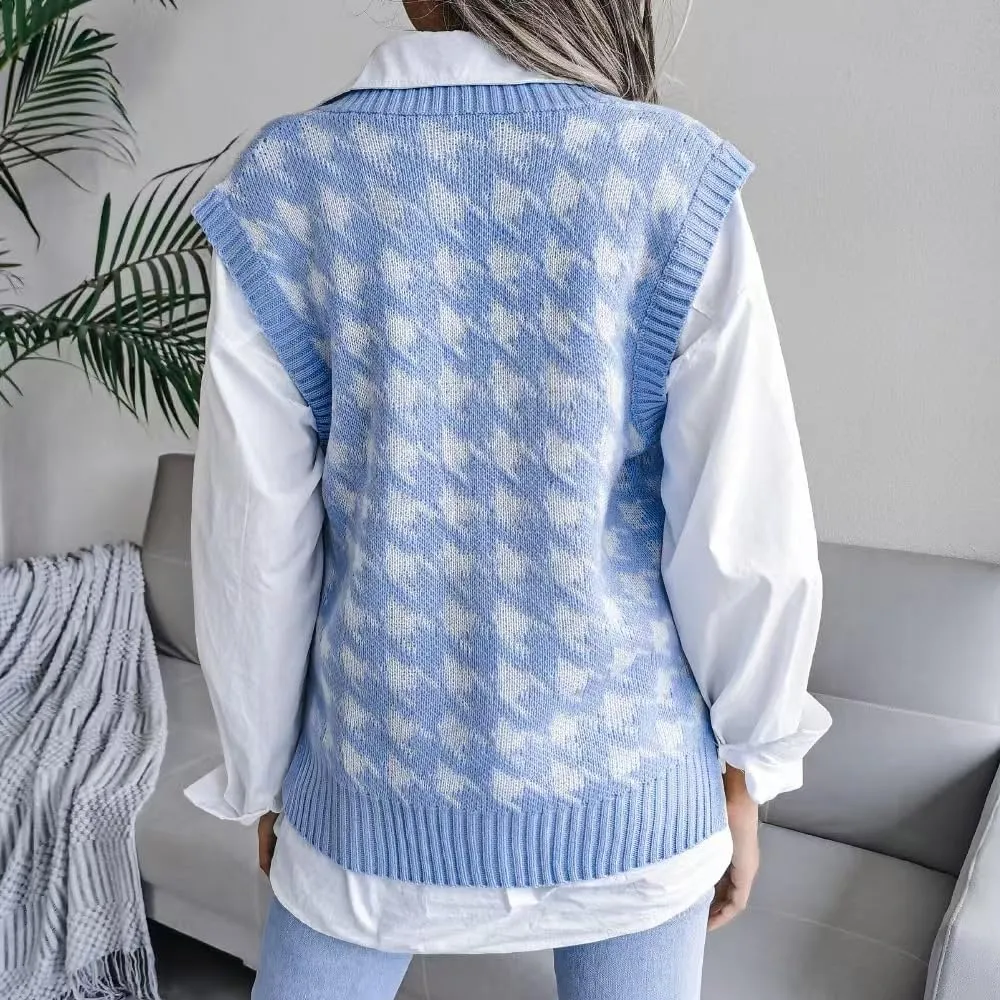 Sunfaynis Women's V Neck Houndstooth Sweater Vest Sleeveless Loose Pullover Sweater