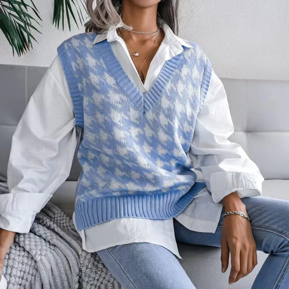 Sunfaynis Women's V Neck Houndstooth Sweater Vest Sleeveless Loose Pullover Sweater