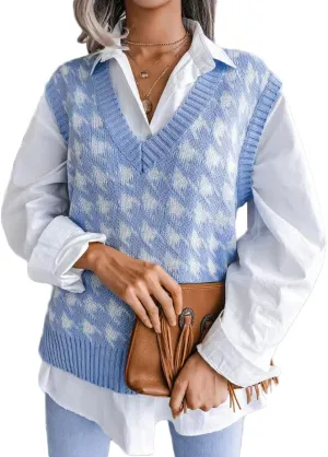 Sunfaynis Women's V Neck Houndstooth Sweater Vest Sleeveless Loose Pullover Sweater
