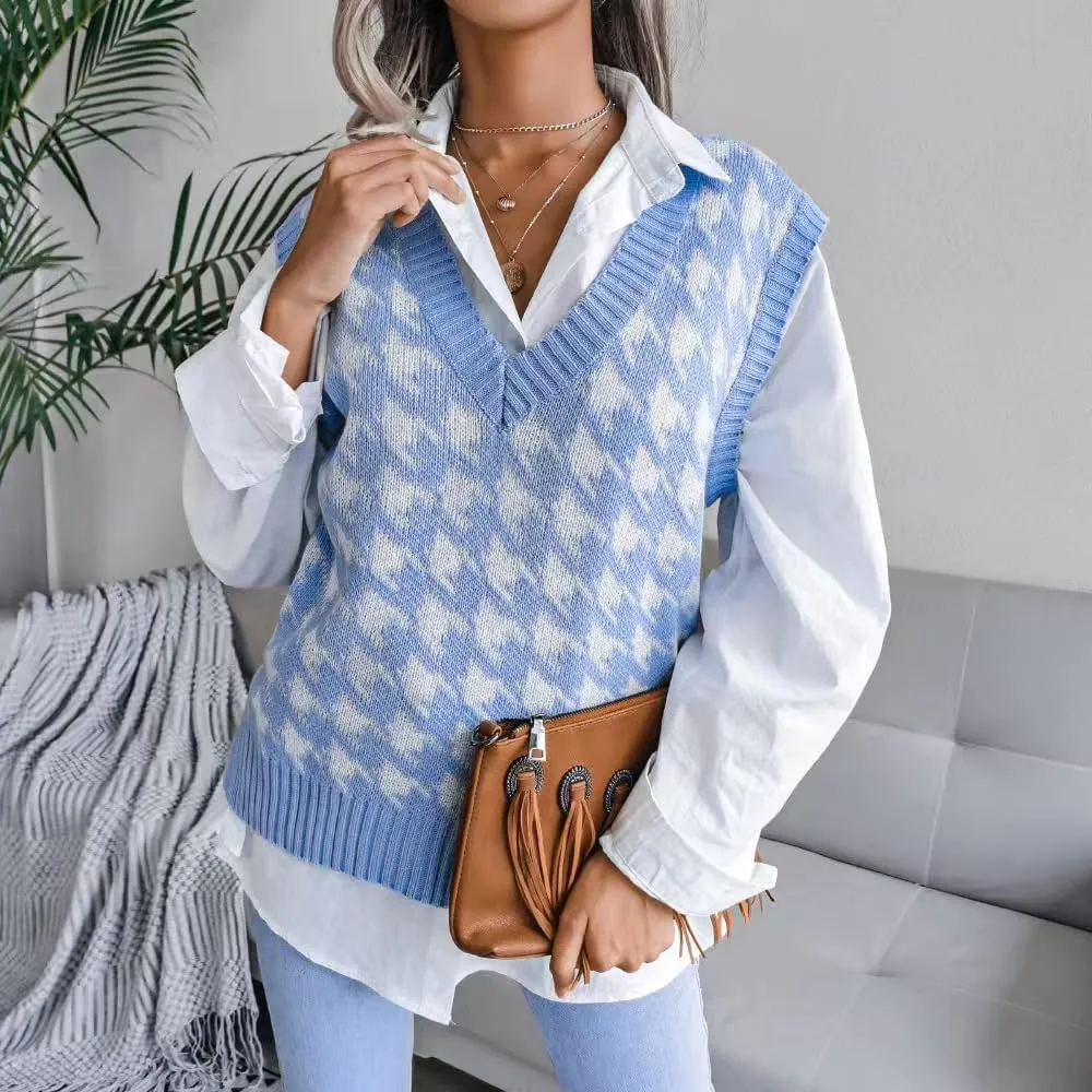 Sunfaynis Women's V Neck Houndstooth Sweater Vest Sleeveless Loose Pullover Sweater