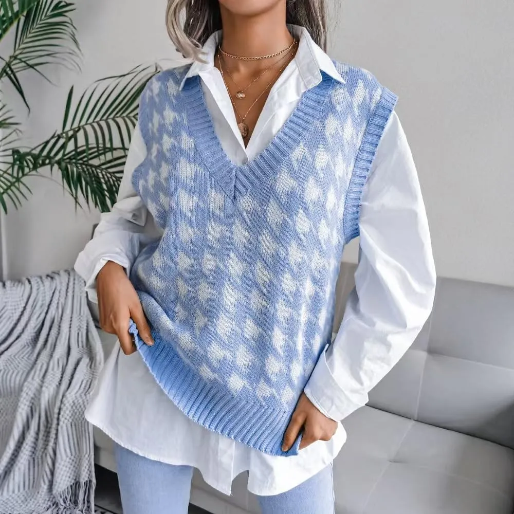 Sunfaynis Women's V Neck Houndstooth Sweater Vest Sleeveless Loose Pullover Sweater
